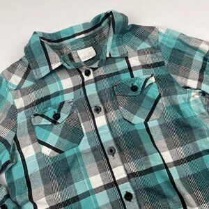O’Neill Flannel Shirt Women’s XL Plaid Button Up Teal Cotton Roll Tab Sleeves
